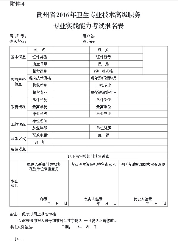 2016年貴州省衛(wèi)生專業(yè)技術(shù)高級(jí)職務(wù)專業(yè)實(shí)踐能力考試報(bào)名表