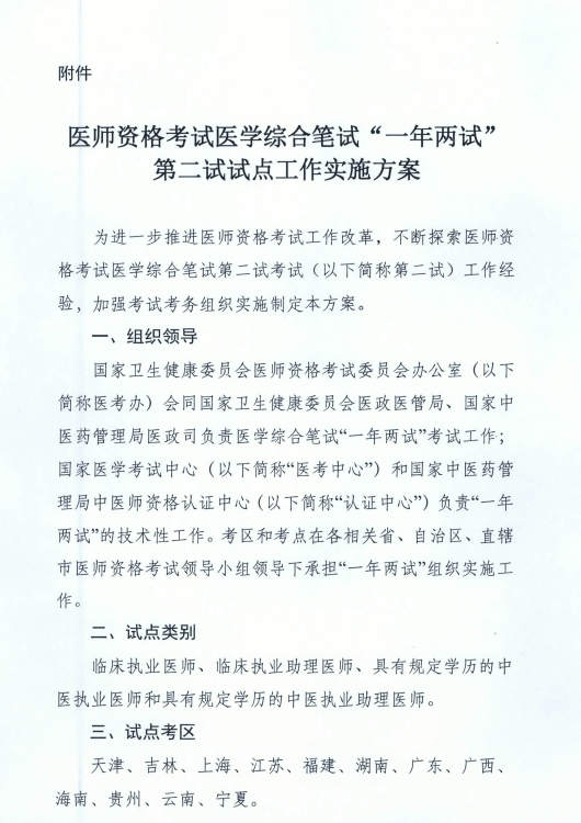 國家衛(wèi)健委關(guān)于在天津等12個(gè)考區(qū)開展“一年兩試”試點(diǎn)工作的通知！