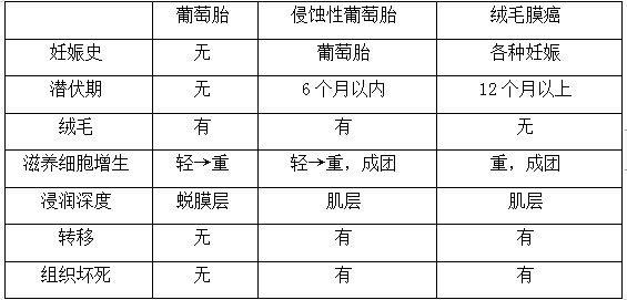 絨癌、侵蝕性葡萄胎、葡萄胎的鑒別